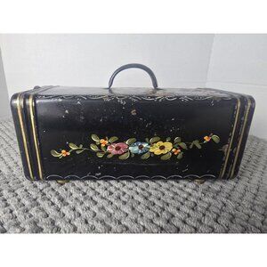 Vintage Toleware Black Metal Box Hand Painted Floral Sewing Vanity Tin Rustic